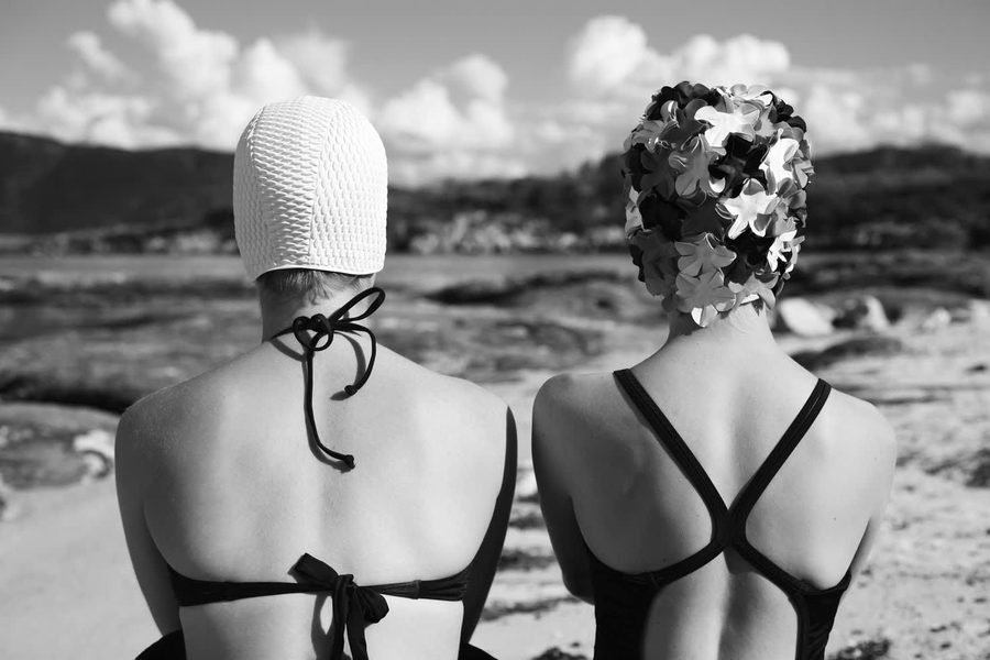 Authentic black-and-white staged still: two
