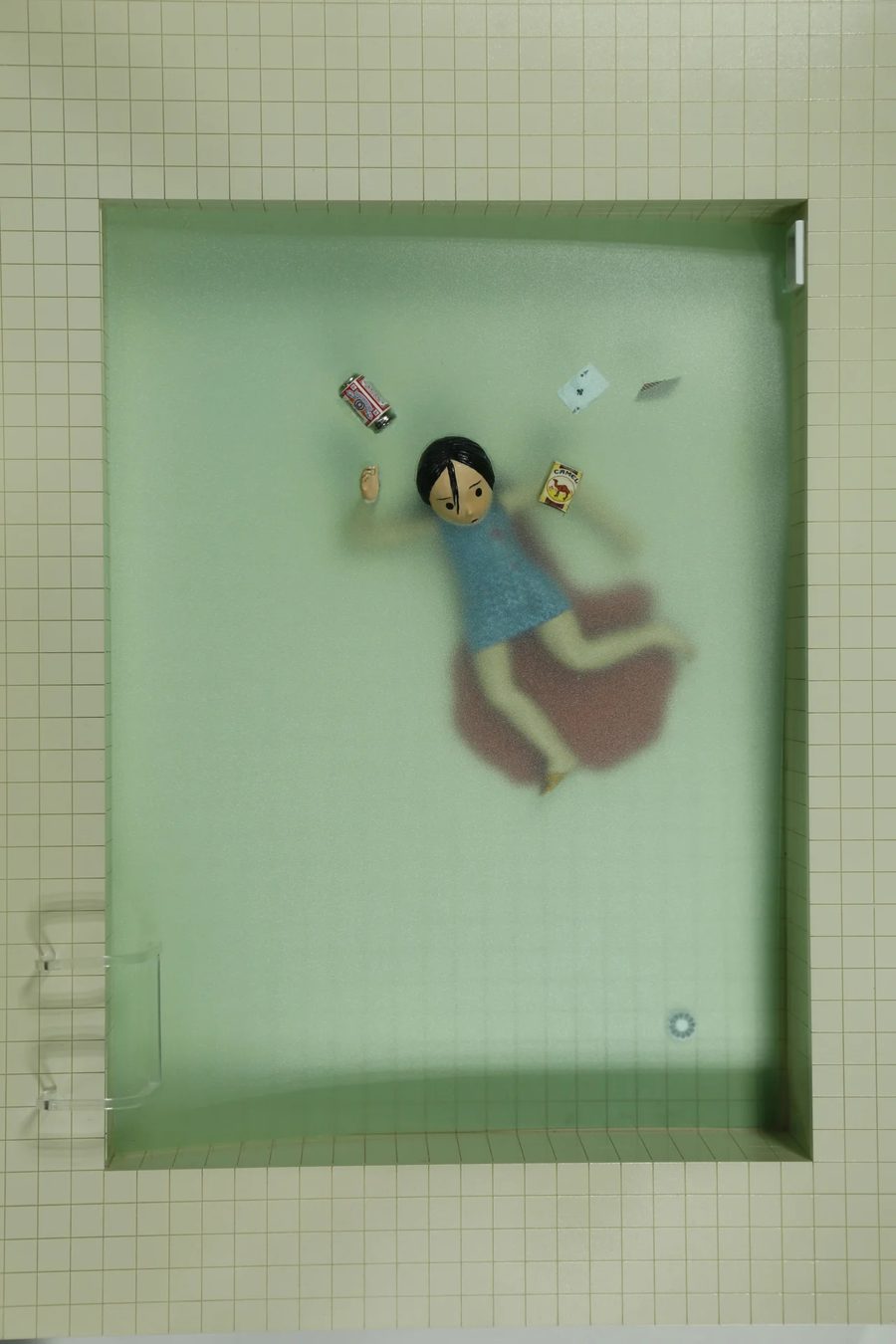 Overhead view of a diorama in a pale green box showing a fig, 2021